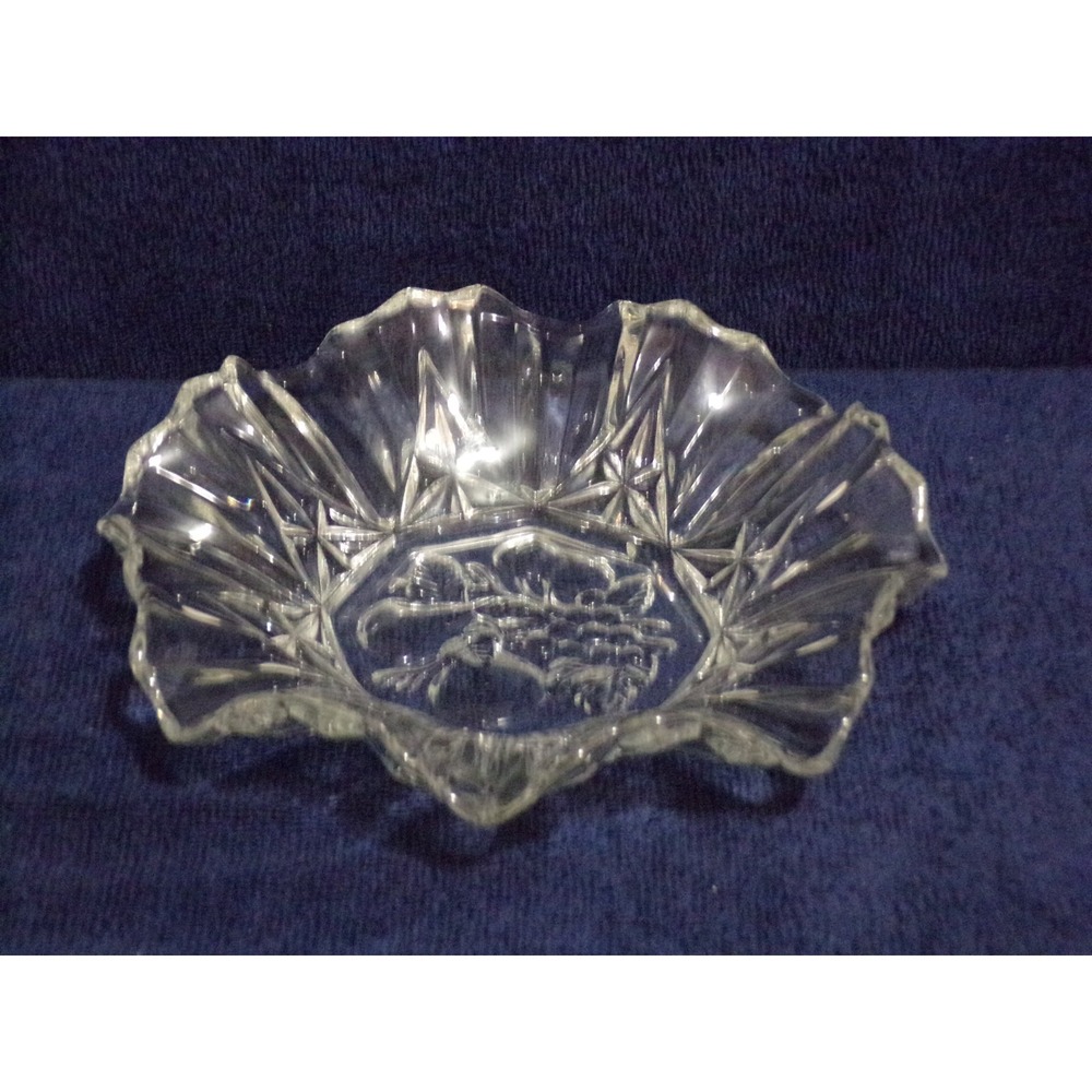 Vintage Federal Clear Glass Pioneer Fruit Pattern Candy Dish Ruffled Edge